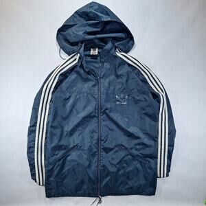 Vintage Adidas Men's 46 (XL) Blue Striped Nylon Windbreaker Hooded Zip-Up Jacket